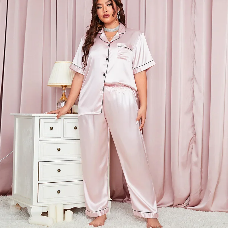 Women Fallow Pajamas 2-set Extra Large V-neck Silk Set Loose Trousers Loungewear Fashion Thin Polyester Sleepwear