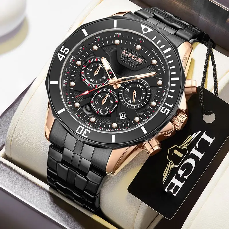 LIGE Top Brand Big Luxury Man Wristwatch Waterproof Luminous Date Men Watches Stainless Steel Quartz Men's Watch Male reloj