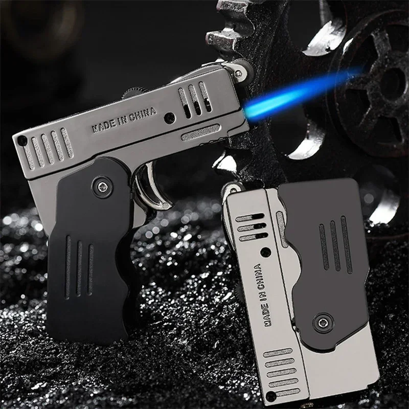 Creative Metal Double Fire Deformation Pistol, Gรกs butano Isqueiro, Free Fire Jet Torch, Windproof Flint, Engraรงado charuto isqueiro Presente