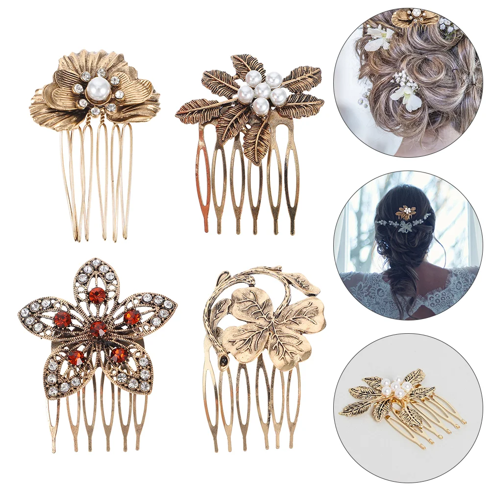 

4 Pcs Hairpin Decor Pearl Diamond Headdress Vintage Style Decors Comb Hairpins Leaves Zinc Alloy Combs Accessories Bride Leaf