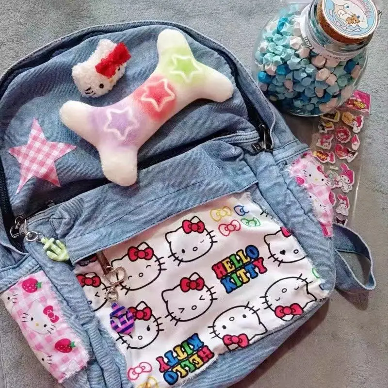 MBTI Y2k Hello Kitty Womens Backpack Original Denim Vintage Patchwork Sweet Harajuku Casual Backpacks Female New Aesthetic Bags