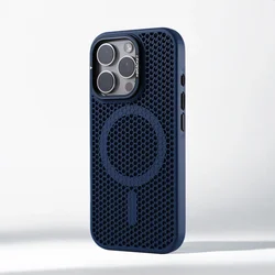 Invisible Lens Holder Honeycomb Cooling Case with Magnetic Wireless Charging Armor Cover - iPhone 15 Plus (Dark Blue)