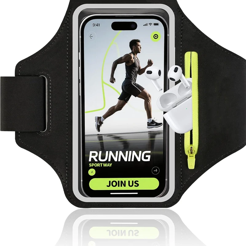 Running Armband with Earphone Bag for iPhone 17 16 15 Max Pro Plus Samsung Phone Holder for Running with Card Slot Key Pockets