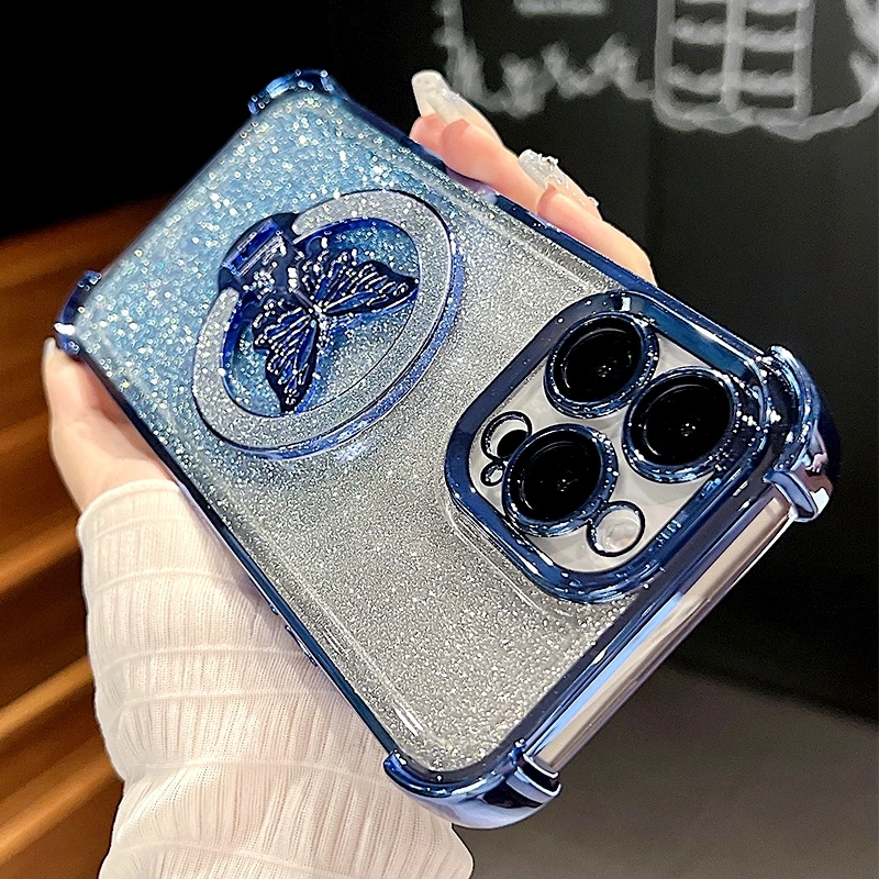 Glitter Butterfly Holder Plating Silicone Shockproof Case Cover