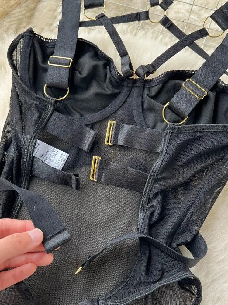 Halter Neck Strappy Women's Bodysuit Slim Fit Sexy Sheer Playsuit Black Erotic Lingerie Lace Up Transparent Pajama Nightwear