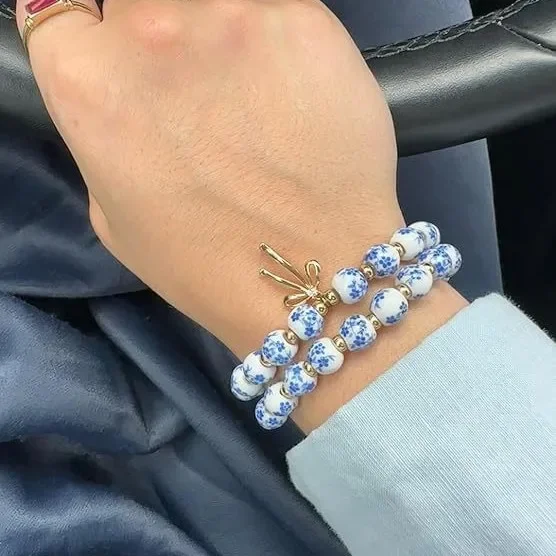 Creative Blue and White Porcelain Bead Bracelet Flower Beads Bowknot Charms Pendant Bracelets ELASTIC CORD Hand Strings Gifts