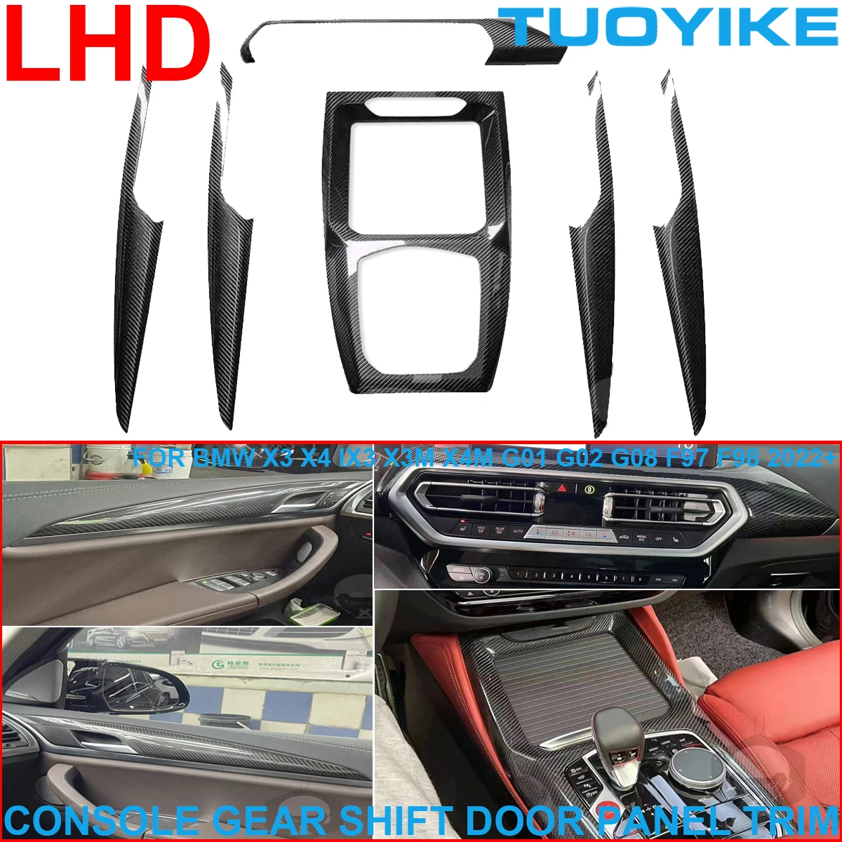 

LHD Real Dry Carbon Fiber Inner Door Panel Central Gear Shift Trim Cover For BMW X3 X4 X3M X4M ix3 G01 G02 G08 F97 F98 2022+