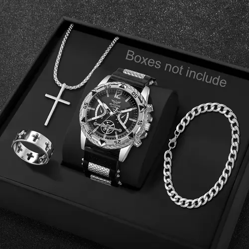 4PCS Fashion Arabic Dial Men Business Quartz Watch CasuSilicone Strap Wristwatch With Necklace Set Reloj Hombre (Without Box) - Image 2