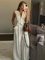 Ensemble gilet et pantalon en coton et lin pour femmes, respirant, sans manches, col en V profond, coupe ample, tenue décontractée pour les déplacements quotidiens, 2025 4