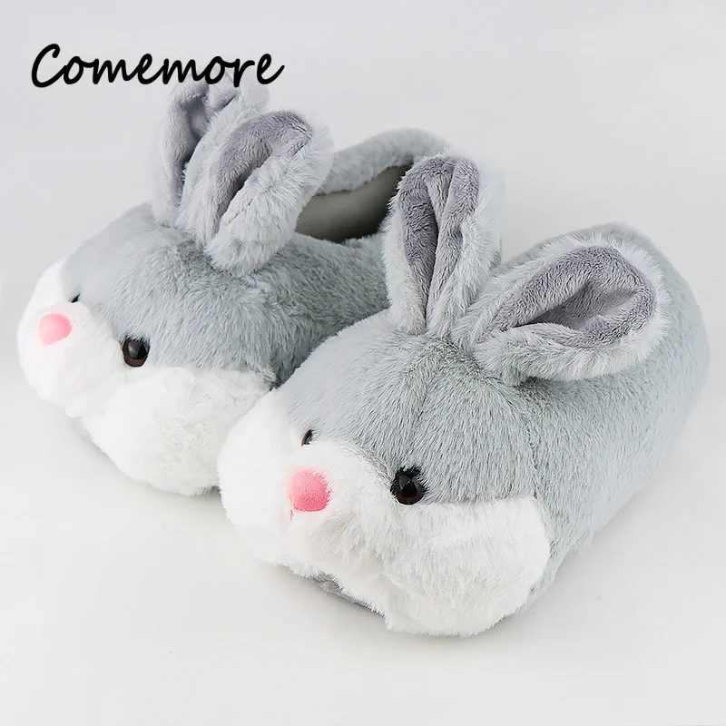 Comemore Women Cute Animal Slippers Girls Rabbit Home Shoes Plus Size 44 Non Slip Flat Autumn Winter Warm Slipper Plush Men