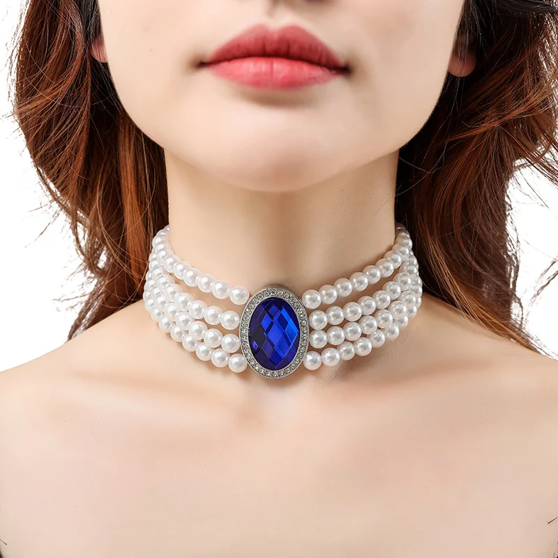 

MASA Female Retro Trend Necklace Blue Stone-setting Pearls Choker Neck Jewelry Accessory Couple Anniversary Party Jewelry Gifts