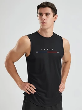 2026 Men's Breathable Polyester Sleeveless Tank Top 'PARIS' Print Athletic Shirt Regular Fit for Gym Running Outdoor Casual Wear 1