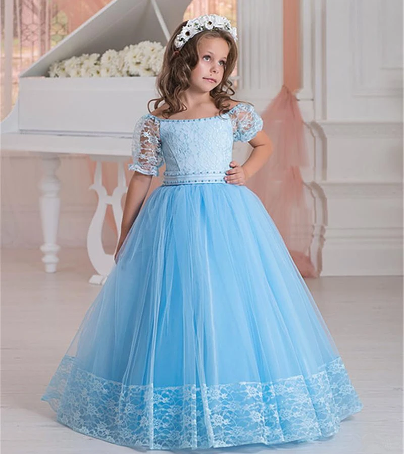 

Chiffon Lace Flower Girl Dresses With Bow Beaded Crystal Up Applique Ball Gown First Communion Dress for Girls Customized