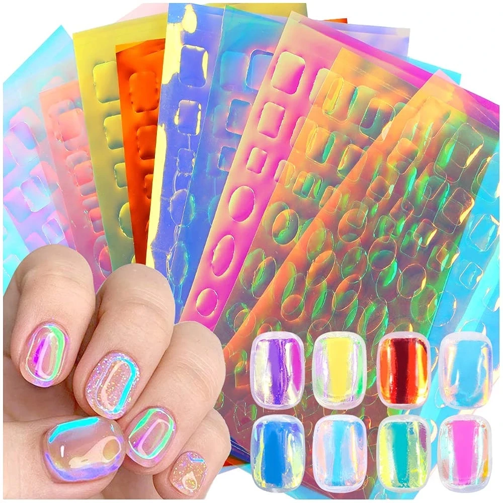 Aurora Ice Glass Paper Nail Foil Sticker Laser Holographic Cellophane Nail Decals Rainbow Reflective Candy Stickers 11pcs