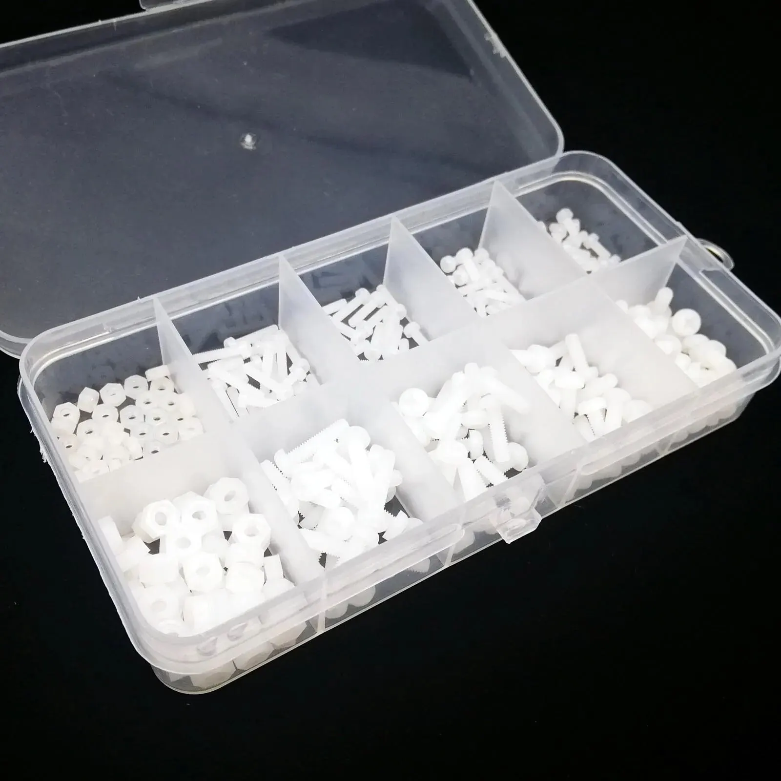 300pcs/box Nylon Plastic Insulated Phillips Pan Round Head Bolt Screw Nut Mix M2 M3 10 Sizes Assortment Kit Set White Color
