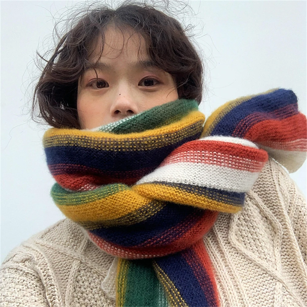 Rainbow Knit Scarf for Women Winter Thick Cashmere Stripe Shawl and Wrap Fashion Warm Streetwear Girl's Foulard Wool Scarves