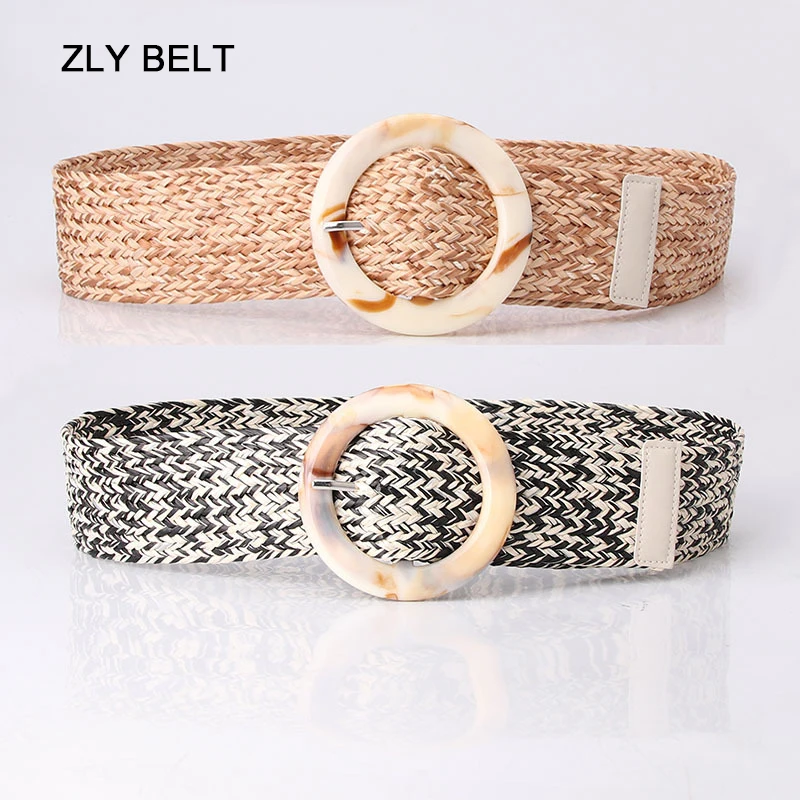 

ZLY 2022 New Fashion Korean Simple Straw Woven Belt Dress Suit Decoration Wide Belt Waistband Round Pin Buckle Luxury Versatile