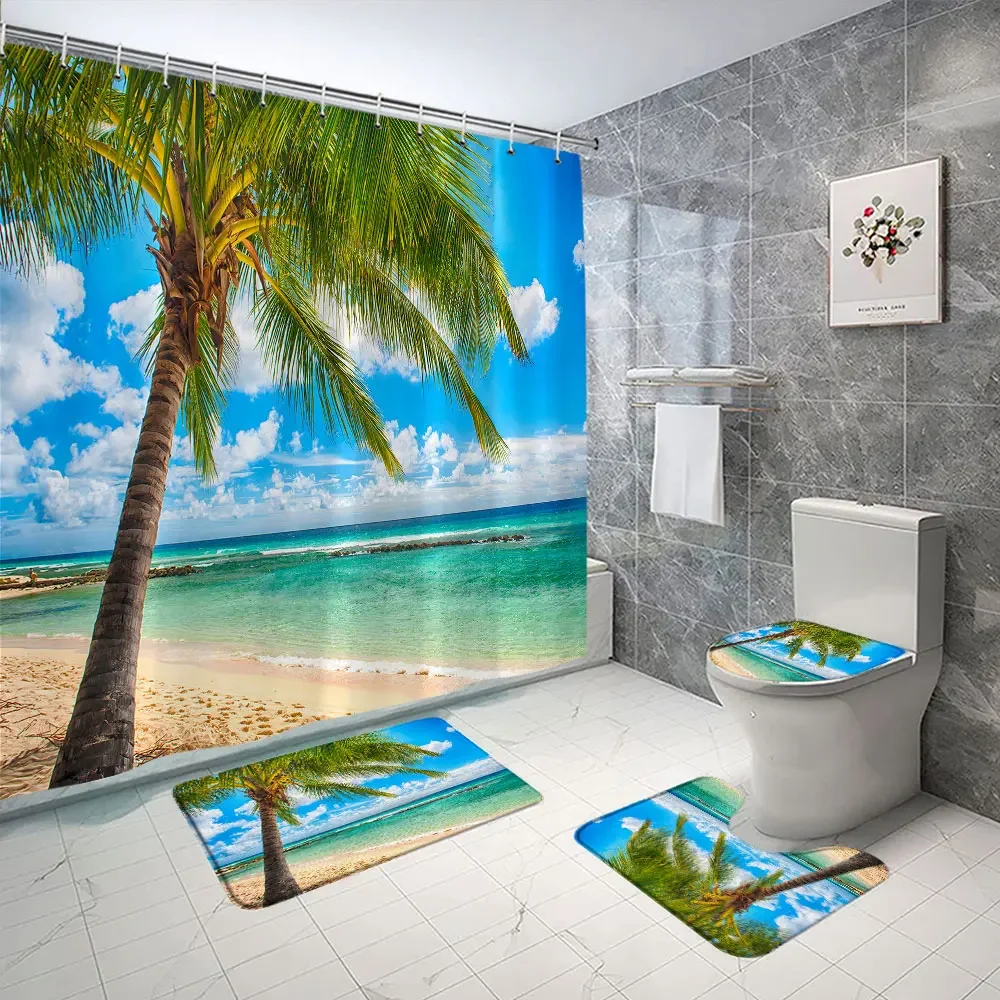 

4 pcs Seaside Beach Shower Curtain Rug Set Blue Sky Ocean Coconut Tree Tropical Nature Landscape Bath Curtain Bathroom Decor Set