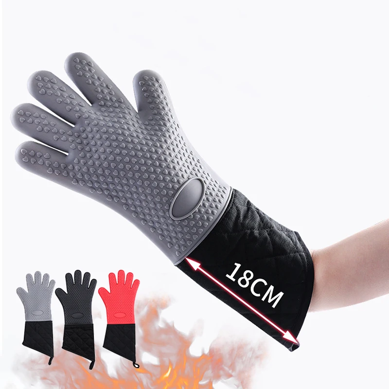 Heat Resistant BBQ Gloves Silicone Oven Mitts Microwave Gloves With Lengthened Cotton Lining For Kitchen Barbecue Cooking Tool