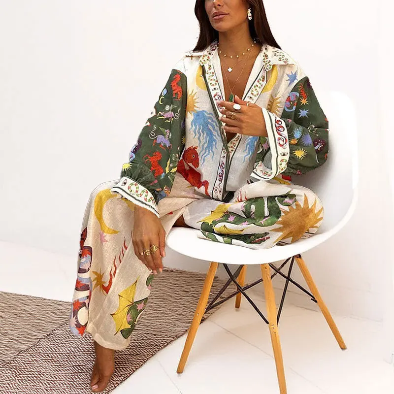 Women Suit 2 piece Suit Set Spring Summer Loose Long sleeve Floral Printed Blouse Shirt+Wide leg Elestic Waist Pants Fashion Set