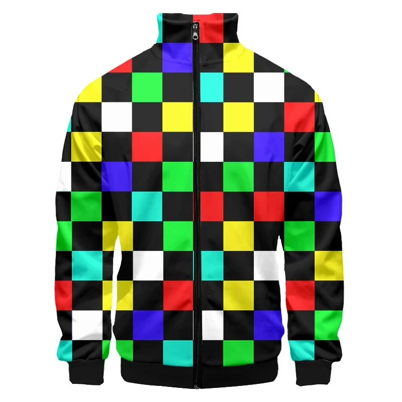 

New Fashion High Quality Square Grid Colours Print Men's Zip Up Jacket Casual Long Sleeve Streetwear Loose Kids Graphic Jacket