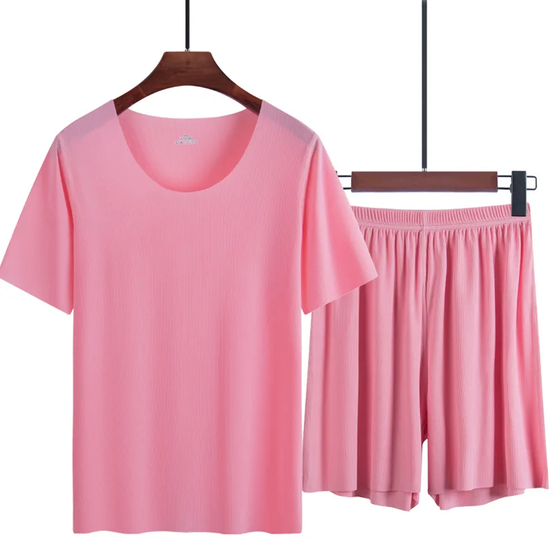 Summer Thin Men's Pajamas Suit Home Wear Seamless Short Sleeve Shorts Sleepwear Sets for Men Crew Neck Casual Summer Clothing