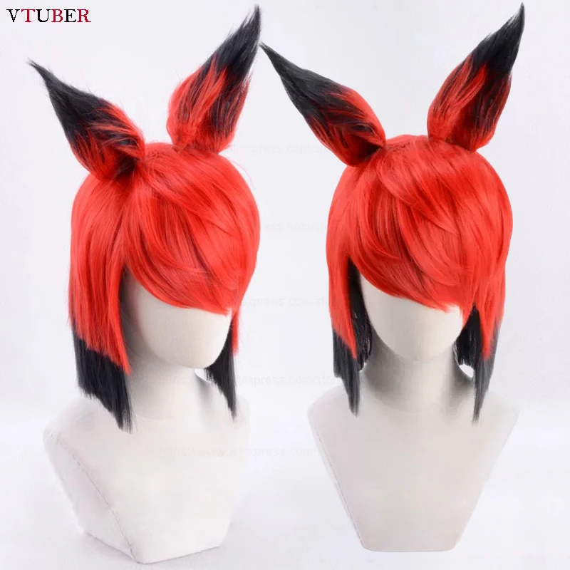 

Парик для косплея Alastor с ушками, термостойкие синтетические волосы Красного, черного цвета, из аниме «Отель», для косплея, с шапочкой