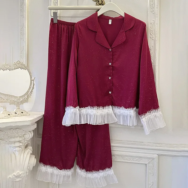 طقم بيجامة حرير نسائي دانتيل كم طويل