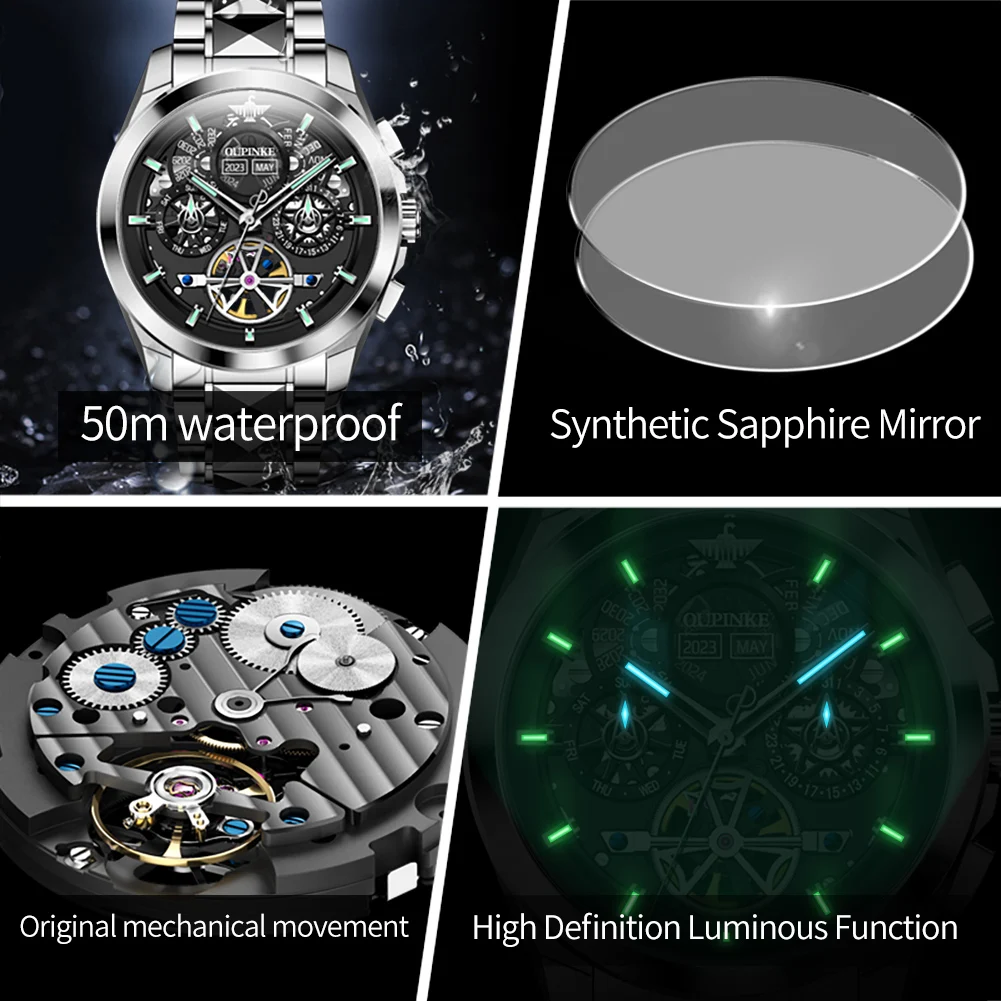OUPINKE 3233 Men's Watch Hollow Skeleton Automatic Watch For Men 50M Waterproof Sapphire Mirror Date Man Mechanical Wristwatch