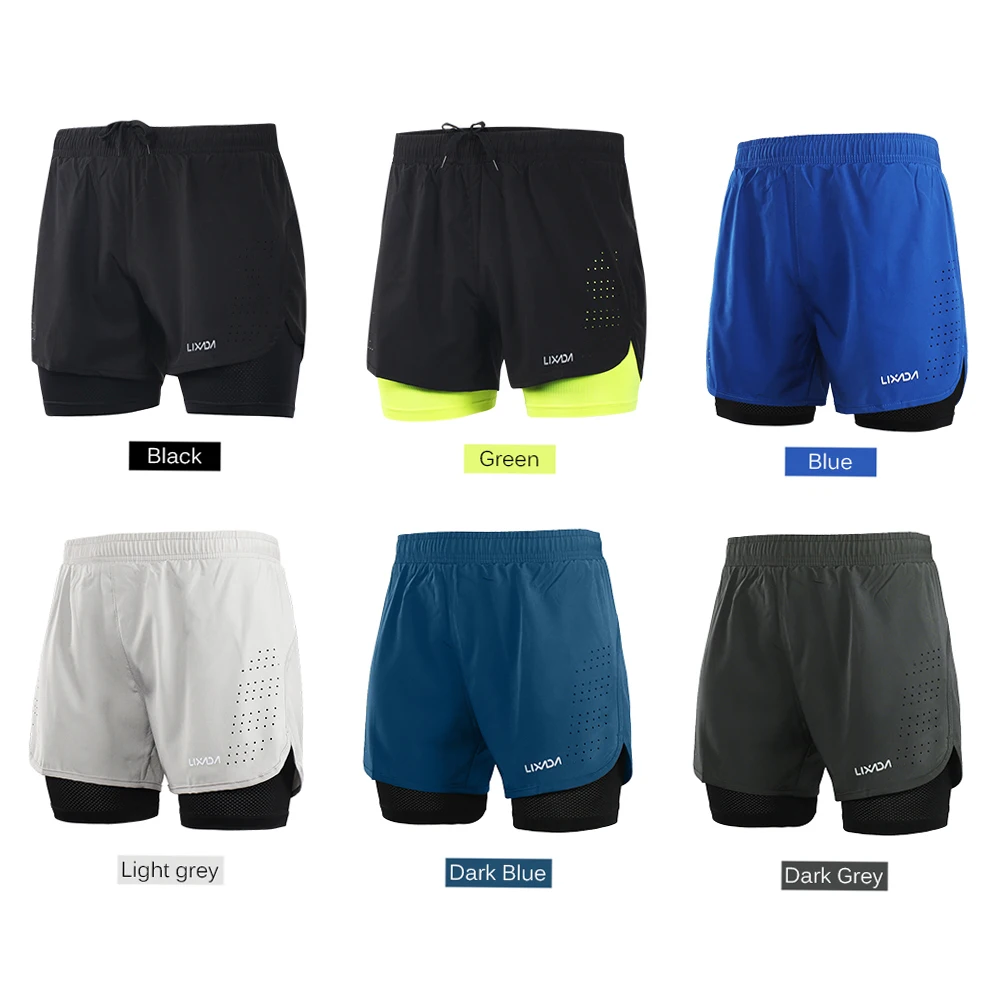 Lixada Men 2-in-1 Running Shorts Quick Drying Breathable Training Exercise Cycling Shorts with Longer Liner Running Short