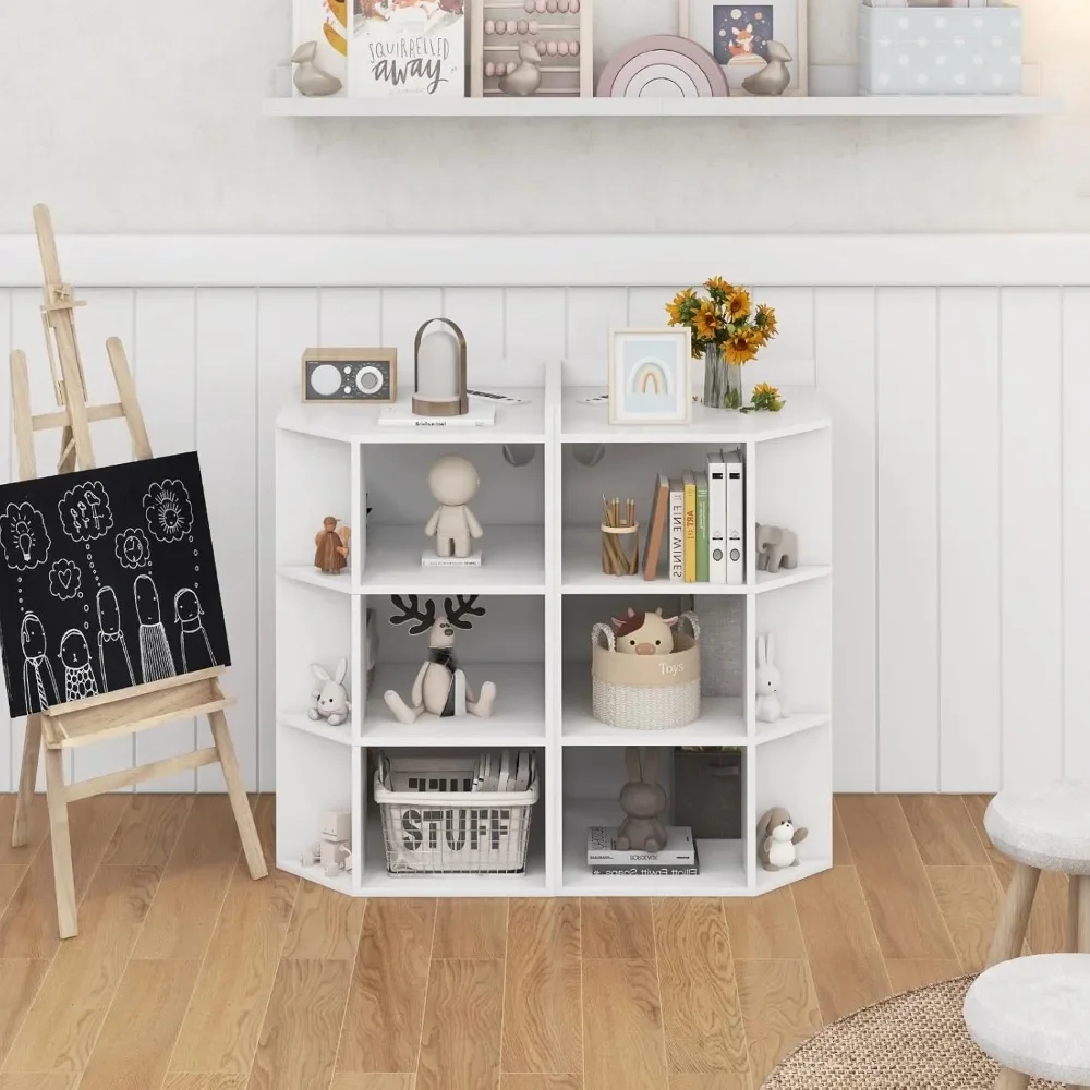 Kids Corner Cabinet with Charging Station, Wooden Cubby Bookcase with USB Ports and Outlets, 3-Tier Kids Bookshelf 2