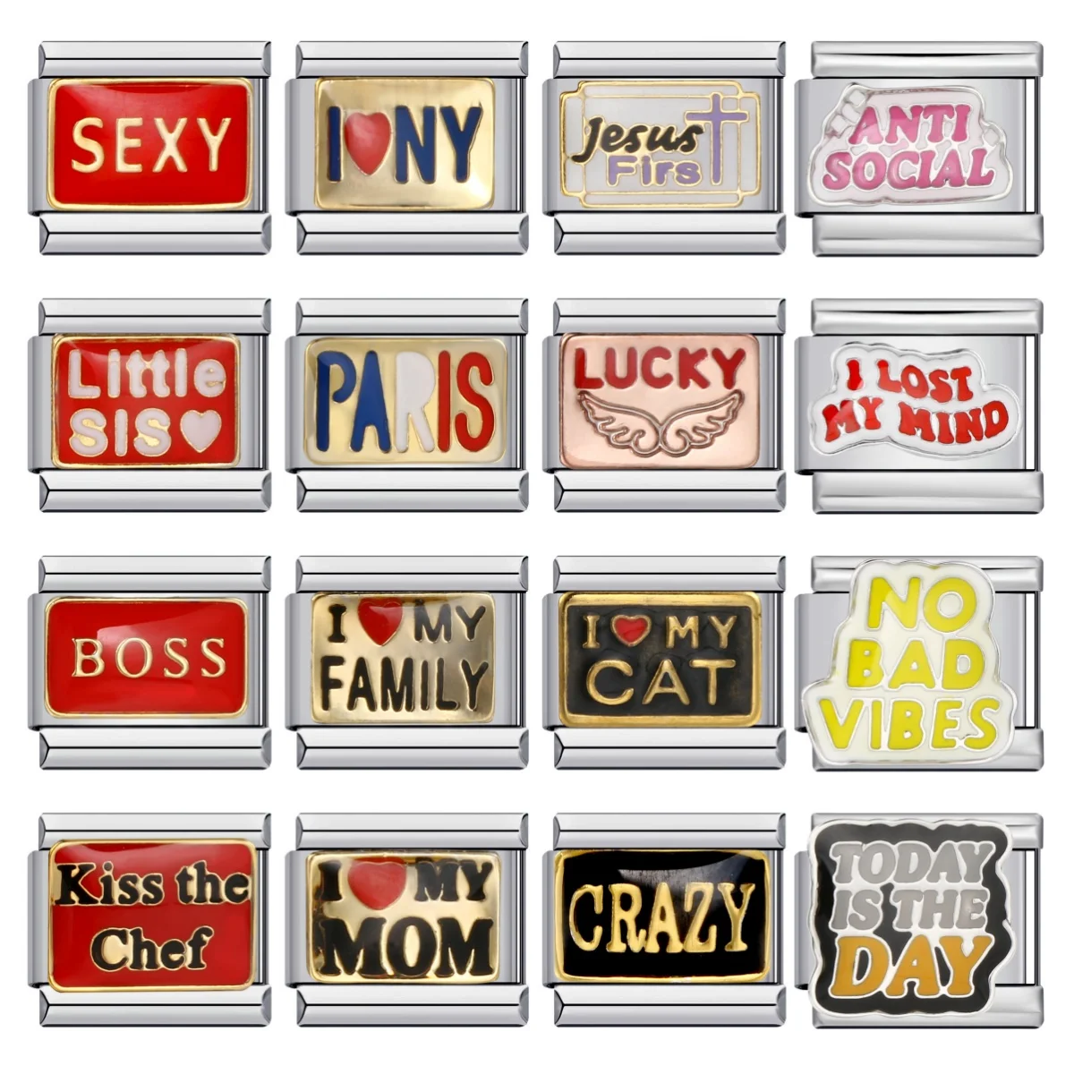 Cadena de mano con palabras en inglés y esmalte colorido