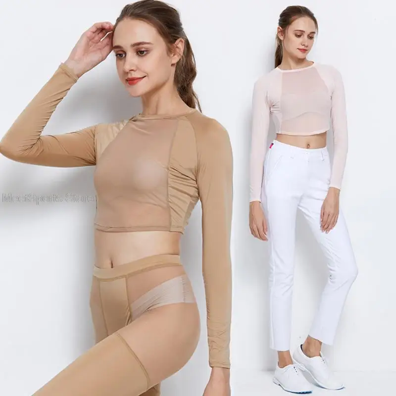 Summer Golf Sunscreen T-Shirt Women Ice Silk Breathable Bottoming Shirt Long Sleeve Golf Cropped Tops Quick Drying Ladies Tights women tops women golf polo shirt