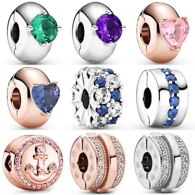 

Original Multicolor Round Solitaire Pink Anchor Lines & Clip Charm Bead Fit Pandora 925 Sterling Silver Bracelet Jewelry