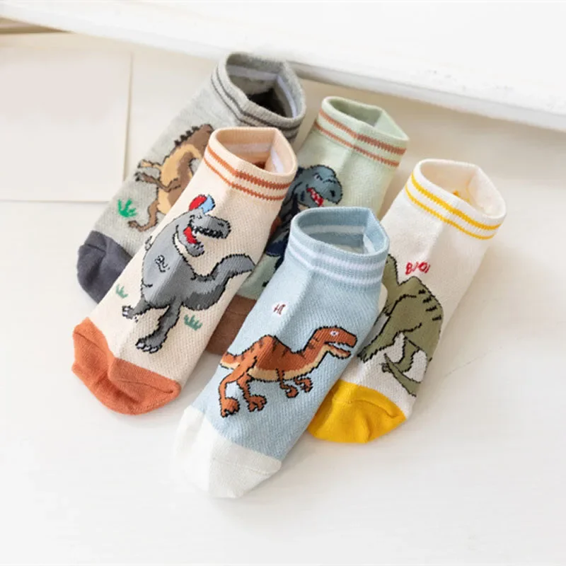 Children's Socks Boy Dinosaur Pattern Socks Comfortable and Breathable Casual and Soft Child Anti-slip Leggings Clothing 5 Pairs