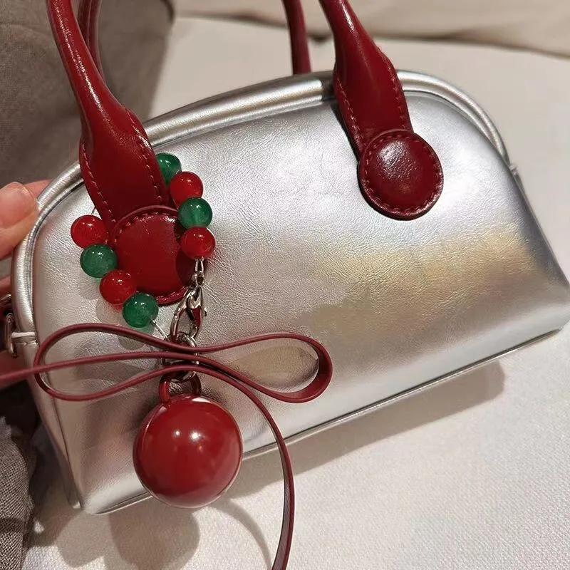 Hot Girl Cute Silver Bowling Handbag Women Fashion Leather Petite Shoulder Bag Ladies Stylish Casual Versatile Crossbody Bag New
