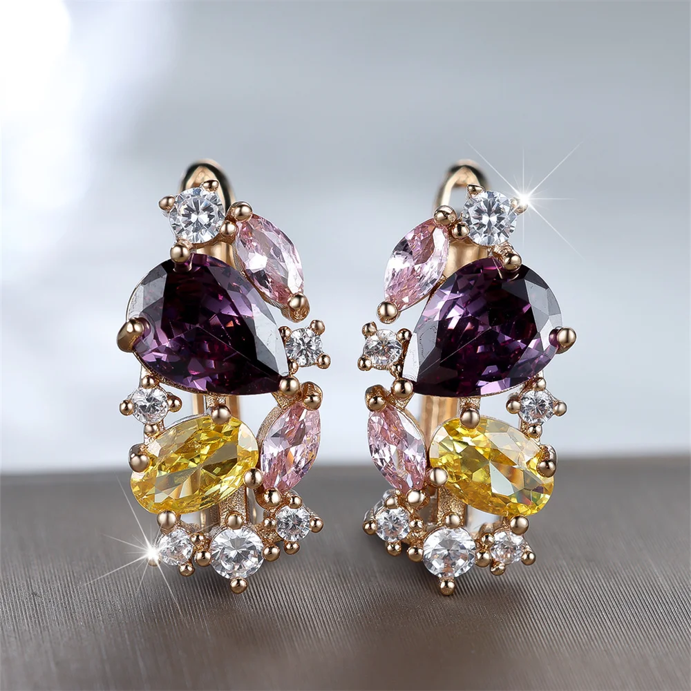 Purple Crystal Multicolor Water Drop Stone Hoop Earrings For Women Vintage Gold Color Ear Buckle Wedding Jewelry Engagement Gift