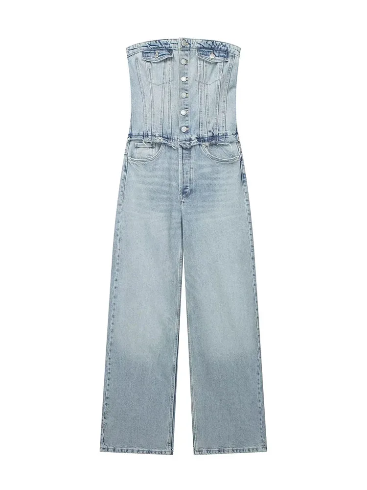 

TRAF 2023 summer new women's fashion strapless denim jumpsuit retro straight collar strapless front button jumpsuit