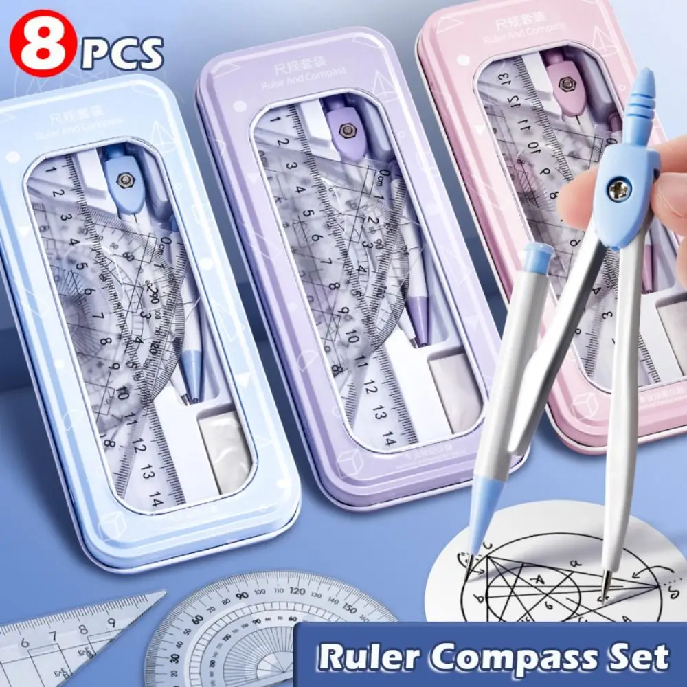Measure Compass Ruler 8PCS/Set Plastic Ruler Compasses Set Transparent Eraser Measuring Ruler ...