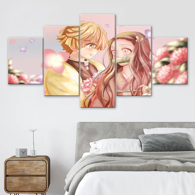 

Agatsuma Zenitsu And Kamado Nezuko Canvas Painting Wall Art 5 Pcs Demon Slayer Anime Poster Home Decor Modular Picture Framework