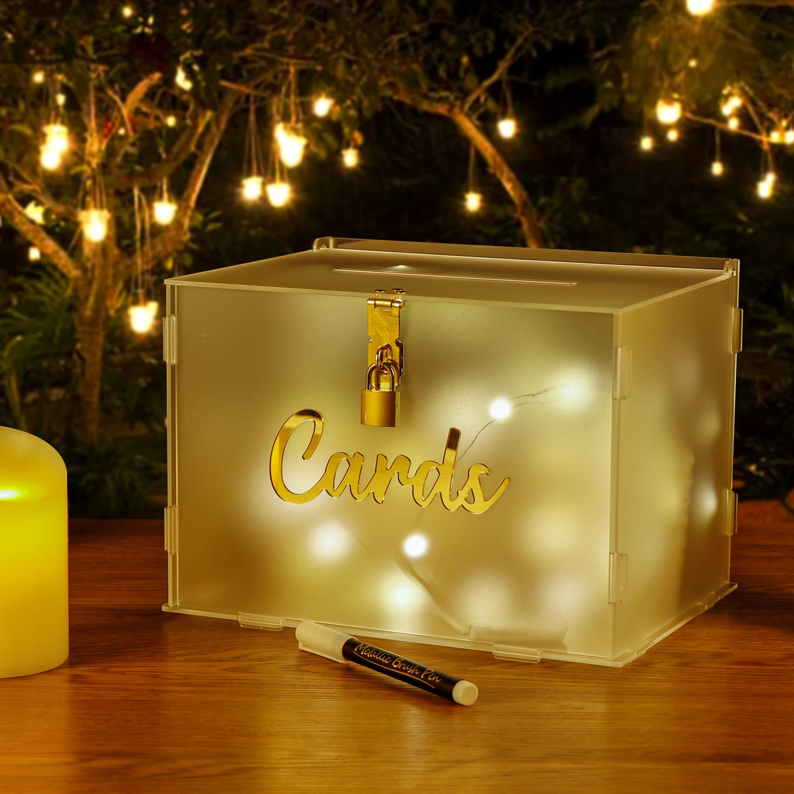 Frosted Acrylic Wedding Card Box with Lock DIY Gift Card Box with String Light and Envelope Money