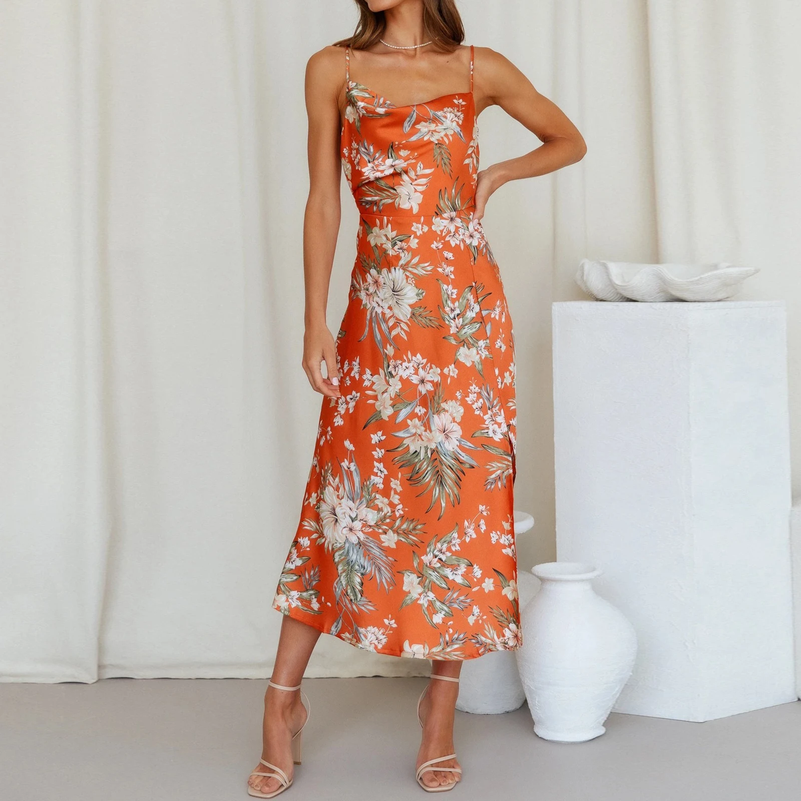 

Women’s Summer Cami Dress Sleeveless Floral Print A Line Dress Side Slit Midi Dress for Party Club Wedding Night