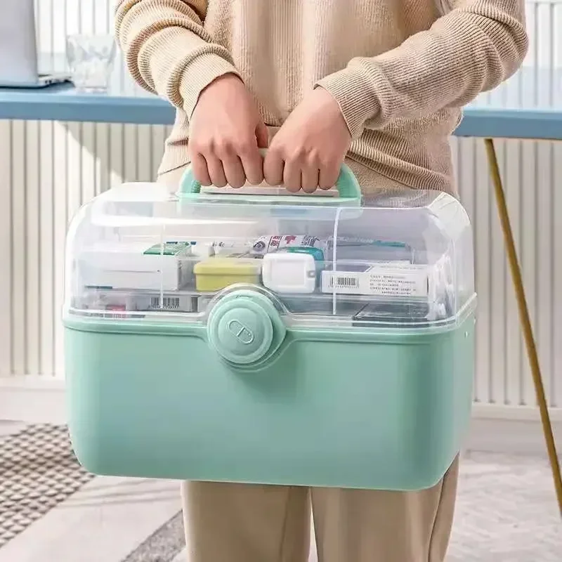Scatola portaoggetti per medicinali, organizer per primo soccorso, doppio strato, multi griglia, portatile, con coperchio, per la casa (trasparente, L