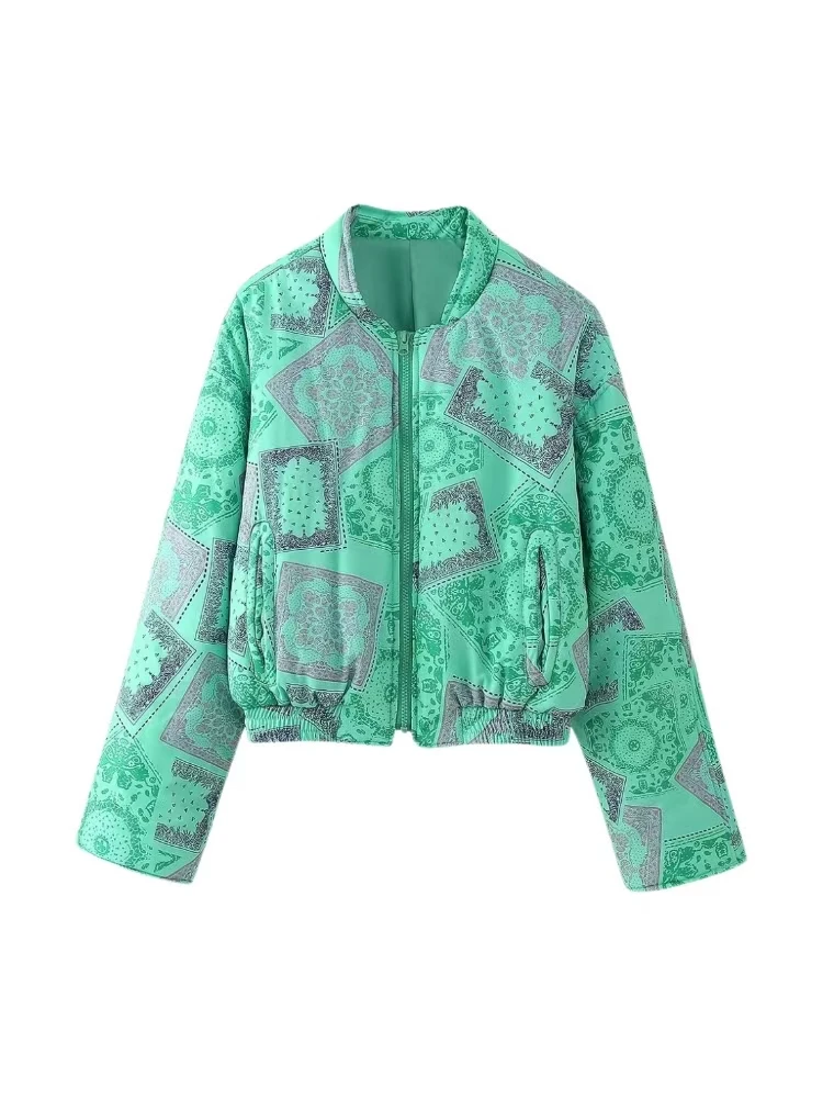Women's Stand Collar Cotton Jacket - Simple Print Zipper Coat