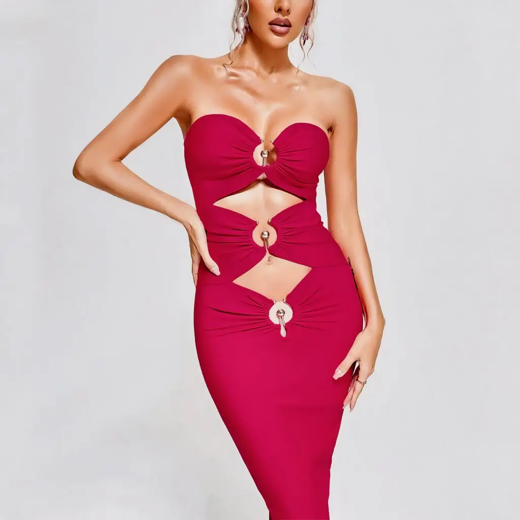 

The Summer New Arrivals Women Sexy Strapless Hollow Out Sheath Dress Bandage Evening Party Dress Celebrate Nightclub Outfit