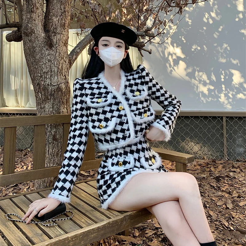 

2023 осенне-зимняя новая контрастная Толстая хлопковая куртка + юбка, женский модный свободный винтажный повседневный костюм, юбки для женщин