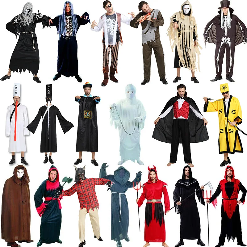 

Adult White Black Scary Halloween Death Chinese zombie Skeleton Ghost Cape Jumpsuit Cosplay Costume for Man Fancy Party Clothes