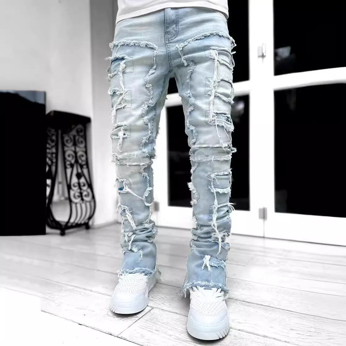 

High Street Vibe Style Patchwork Frayed Jeans Pants for Men Retro Washed Hole Ripped Casual Loose Denim Trousers Oversized