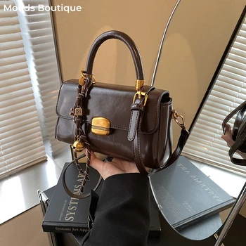 Vintage Fashion Top-handle Bags For Women Flap Shape Shoulder Crossbody Bag With Pendant 2024 Winter New Luxury Designer Handbag