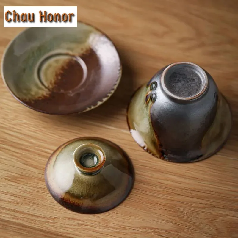 200ml Handmade Wood-fired Ceramic Tea Tureen Retro Coarse Pottery Tea Maker Gaiwan with Lid Household Single Kung Fu Teaware Set